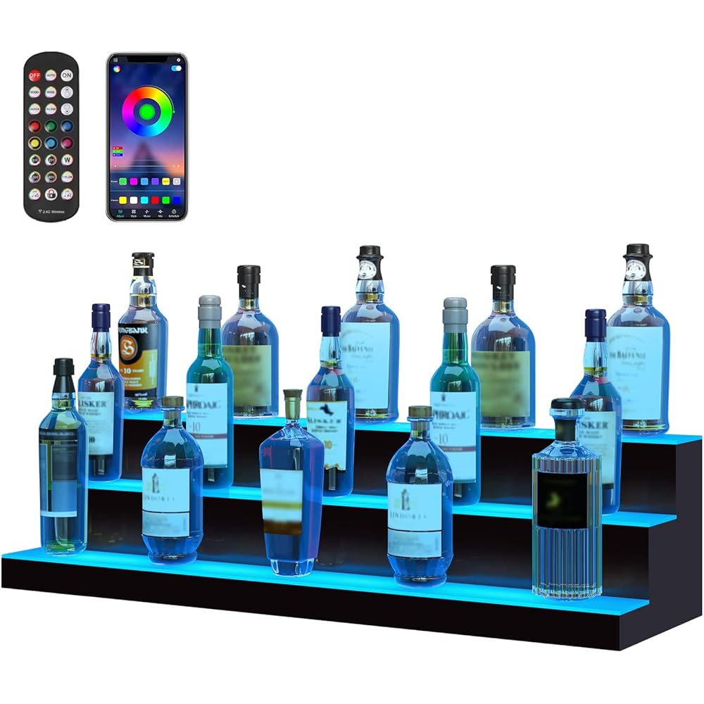 VEVOR LED Lighted Liquor Bottle Display, 3 Tiers 40 Inches, Supports USB, Illuminated Home Bar Shelf with RF Remote & App Control 7 Static Colors 1-4 H Timing, Acrylic Lighted Shelf for 30 Bottles : Industrial & Scientific