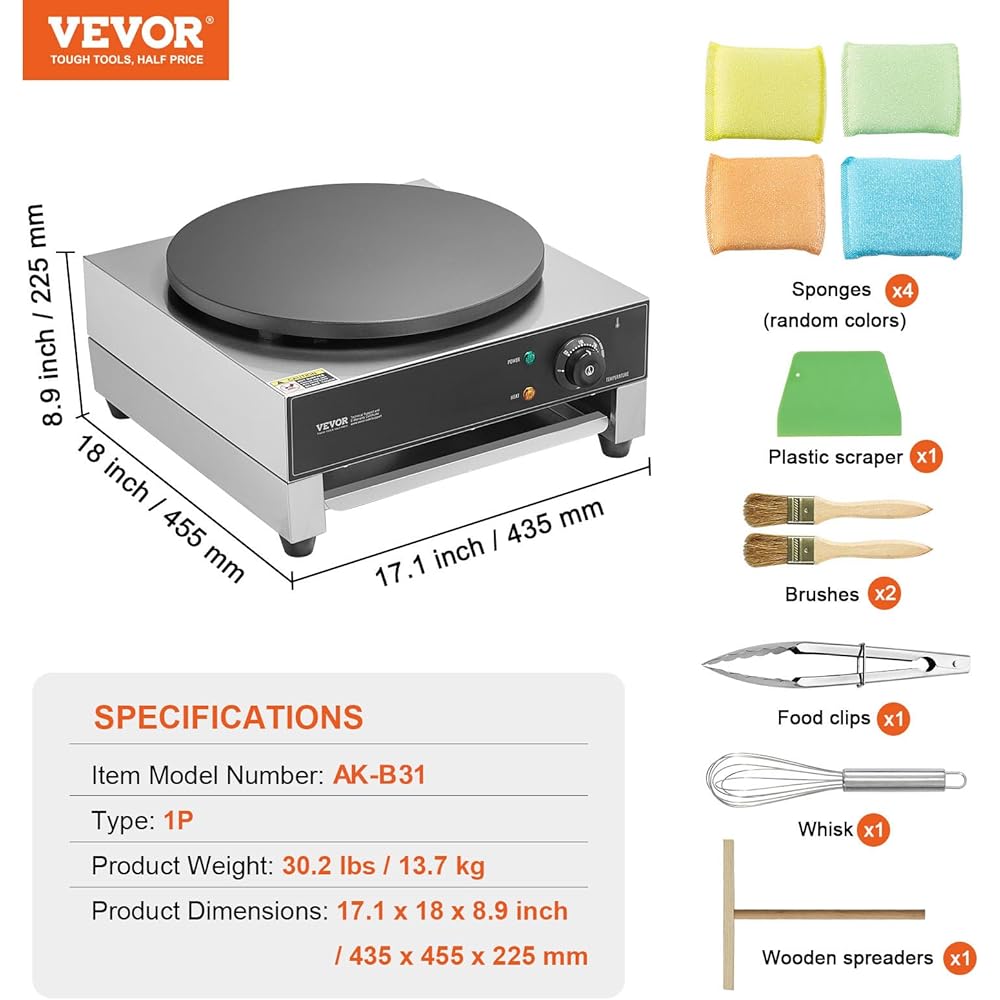 VEVOR Electric Crepe Maker, 16-Inch Commercial Crepe Machine, 1700W Flat Plate Crepe Griddle, Nonstick Stainless Steel Pancake Making Machine, Desktop Circular Cereals Pancake Stove with Temp Control: Home & Kitchen
