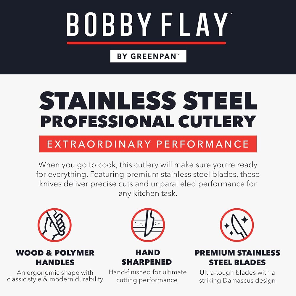 GreenPan x Bobby Flay 13 Piece Stainless Steel Cutlery Kitchen Knife Block Set, Premium Stainless Steel Blades, Acacia Wood Knife Block, Hand Finished Ergonomic Wood Handle, Damascus Steel Design: Home & Kitchen