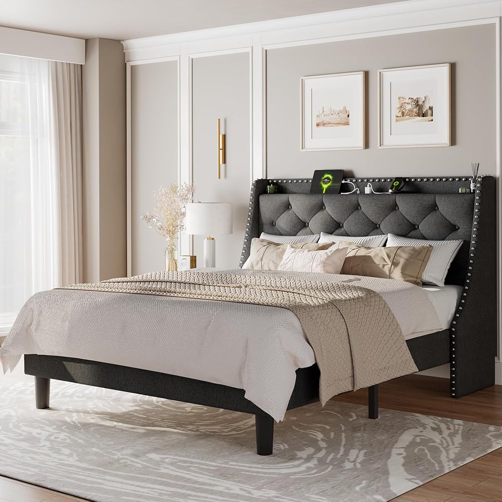 Feonase Queen Bed Frame with Luxury Wingback and Fast Charging Station,Upholstered Button Tufted Storage Headboard Queen Platform Bed,Sturdy Wooden Slats Support,Noise-Free,Easy Assembly,Dark Gray : Home & Kitchen