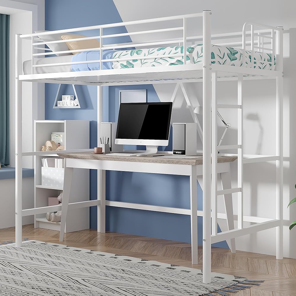 VECELO Loft Bed Twin Size, Metal Bedframe with Removable Ladder and Safety Guardrail, No Box Spring Needed, Space Saving, Noise Free, Off White