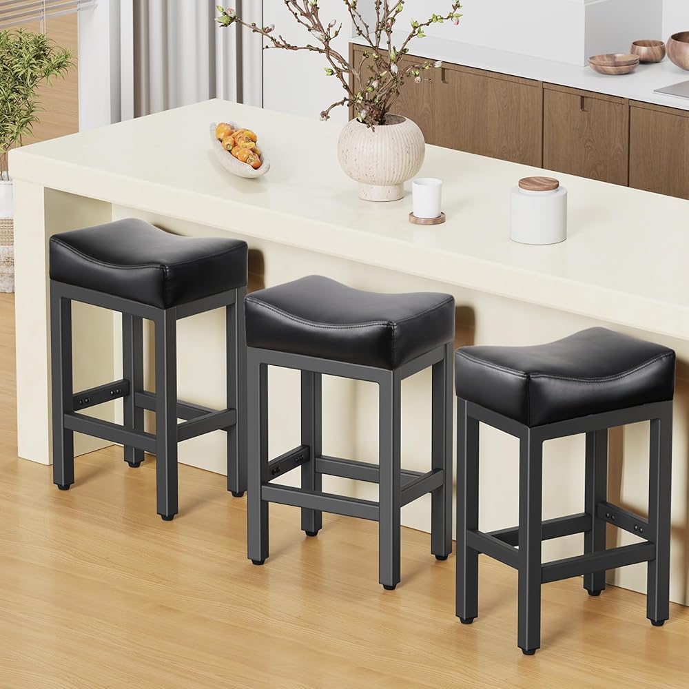 Raynesys Counter Height Bar Stools Set of 3, 24 Inch Barstools for Kitchen Island Counter, Bonded Leather Kitchen Stools with Saddle Seats & Metal Base, Easy Assembly, Black : Home & Kitchen