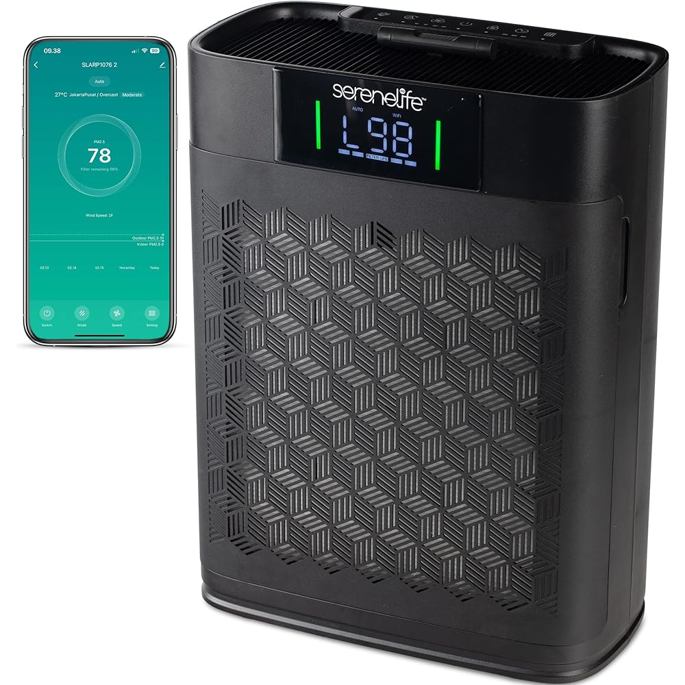SereneLife HEPA Air Purifier for Home – Smart WiFi & App Control, Ultra-Quiet Air Purifier for Bedrooms & Large Rooms, Removes Dust, Pet Hair & Odors, Ideal for Pets & Allergies (1,076 Sq Ft, Black)
