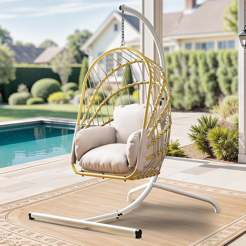 YITAHOME Hanging Egg Chair with Stand, Rattan Wicker Swing Egg Chair with Resistant Cushion, 370lbs Capacity, Foldable Hanging Basket Chair for Porch, Garden, Bedroom, Balcony - Beige : Patio, Lawn & Garden