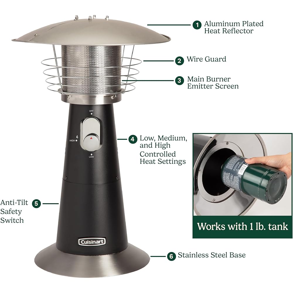 Cuisinart Portable Tabletop Patio Heater, 11,000 BTU Outdoor Propane Heater with Safety Tilt Switch and Adjustable Heat, Burner Screen Guard, 30 sq. Foot Heat Range, Black : Home & Kitchen