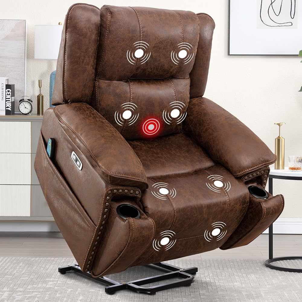 Phoenix Home Dual Motor Power Lift Chair for Elderly, Lift Chairs with Massage and Heat, Faux Leather Electric Chairs for Adults, Recliner Chair with USB, 2 Concealed Cup Holderss, Chestnut Brown : Home & Kitchen
