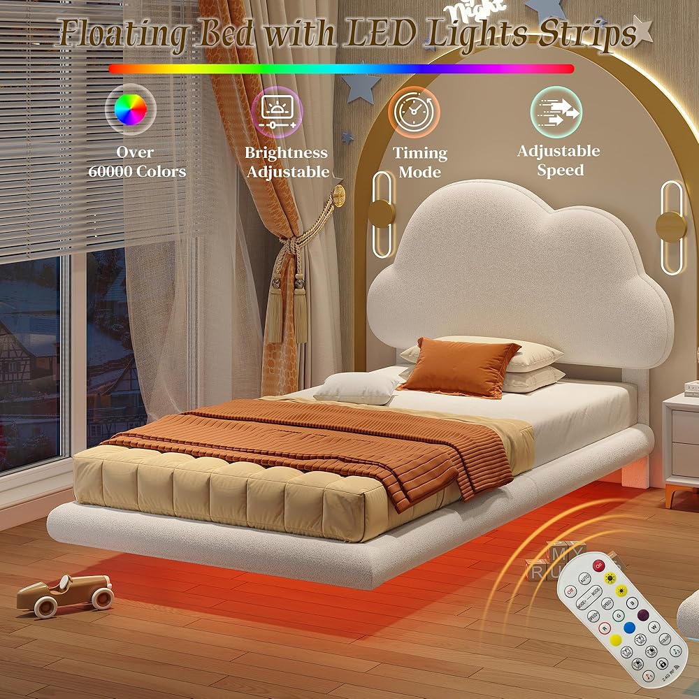 LIKIMIO Twin Bed Frames with LED Light, Floating Bed Frame with Upholstered Headboard, Solid Wooden Slats Support, No Box Spring Needed, White : Home & Kitchen