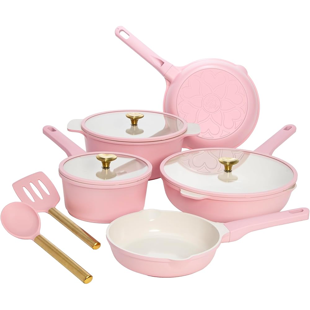 Paris Hilton Ceramic Nonstick Cookware Set, Cast Aluminum with Dual Layer Nonstick Coating, Gold Heart Knobs, Stay-Cool Handles, Made without PFAS, PFOA, PFOS & PTFE, Dishwasher Safe, 10-Piece, Pink: Home & Kitchen