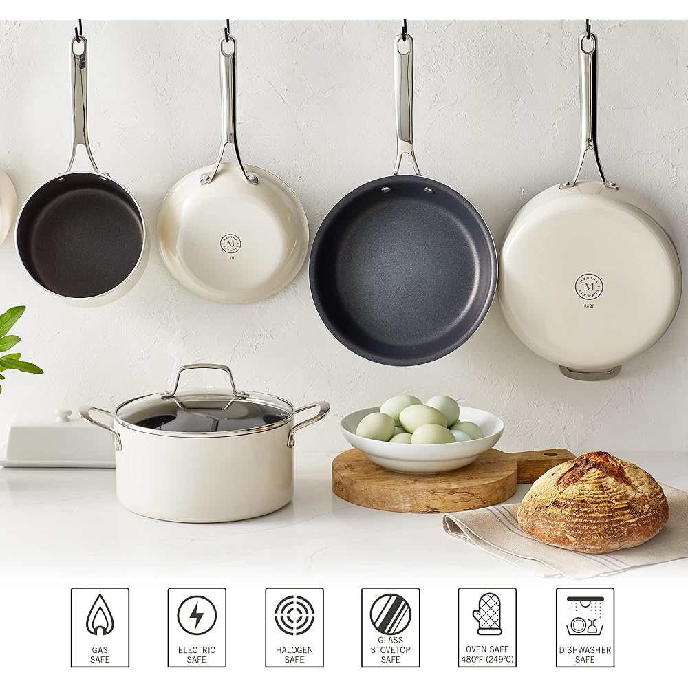Martha Stewart Lockton Premium Nonstick 10 Piece Enamel Heavy Gauge Aluminum Pots and Pans Cookware Set - Linen White: Home & Kitchen
