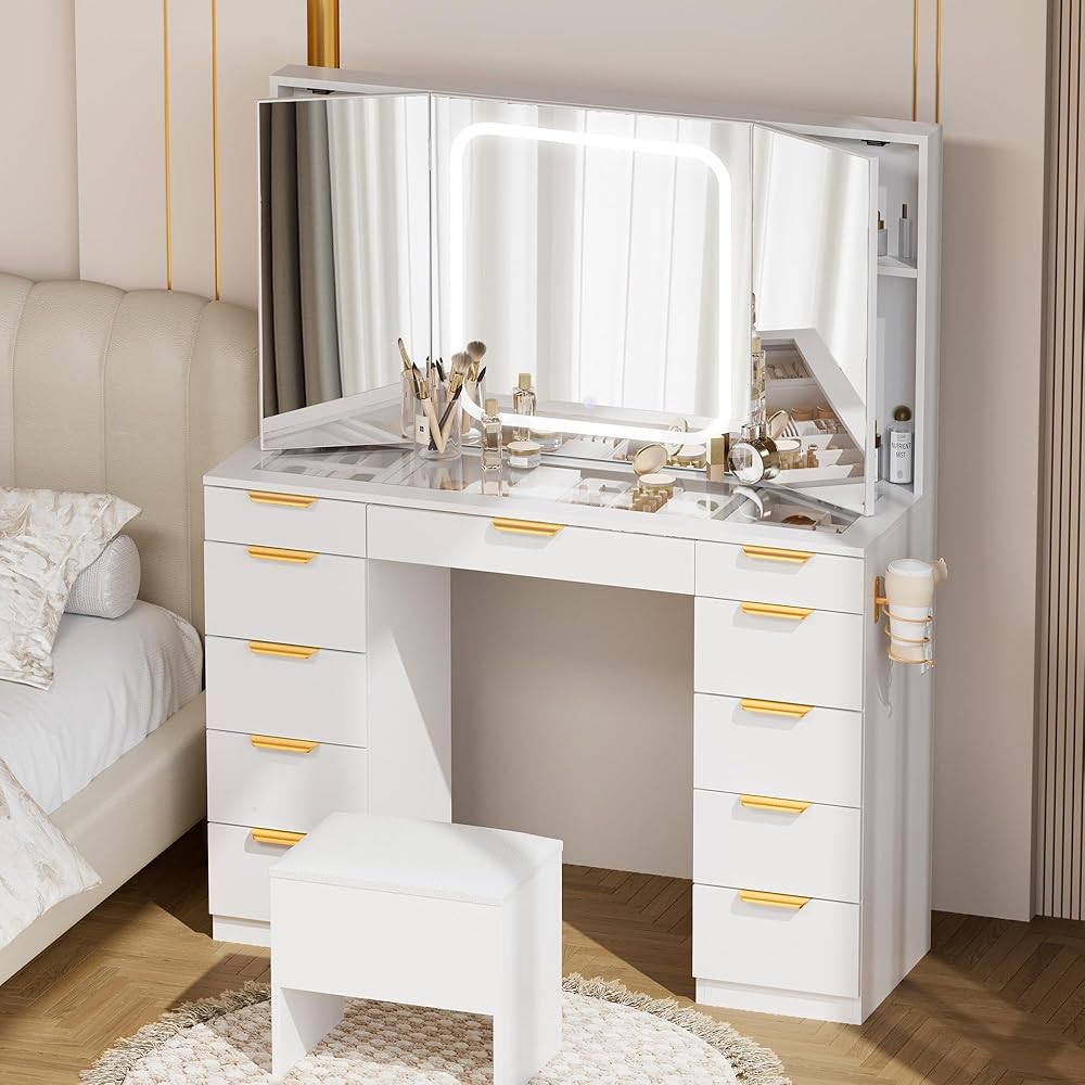 Pamapic 11 Drawers Vanity Desk with Foldable Mirror, Glass Top Makeup Vanity with LED Lights, 3 Lighting Modes, Golden Handles Dressing Table with Chair and Power Outlet : Home & Kitchen