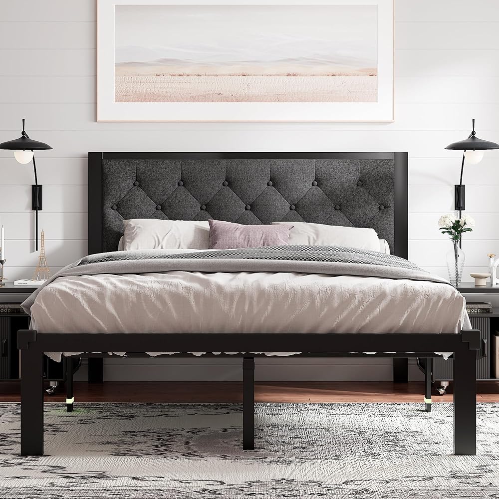 Feonase Queen Size Metal Bed Frame, Heavy-Duty Platform Bed Frame with Linen Upholstered Headboard, 12