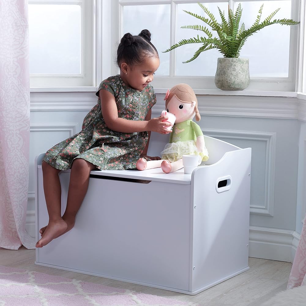 KidKraft Austin Wooden Toy Box/Bench with Safety Hinged Lid, White, Gift for Ages 3+, Amazon Exclusive