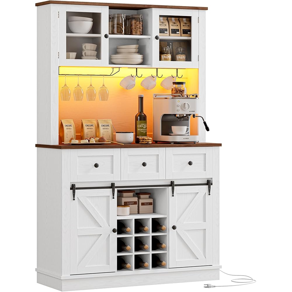 IRONCK 72'' Coffee Bar Cabinet with Storage, Large Kitchen Hutch with Power Outlet & LED Light, Tall Bar Cabinets with 3 Drawers & Wine Glass Rack, Sliding Barn Door China Cabinet for Home, White : Home & Kitchen