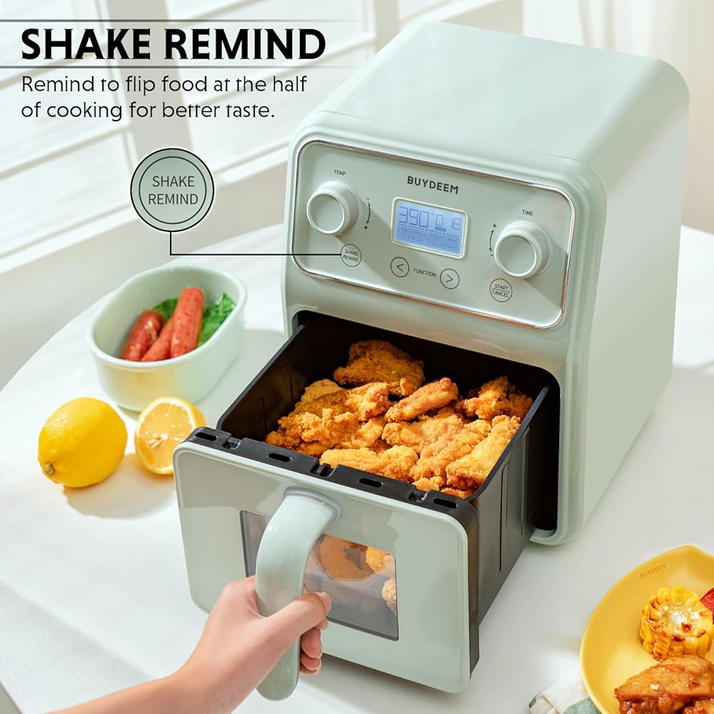 BUYDEEM F51 8-in-1 Air Fryer 4.2QT, Retro Countertop Airfryer Oven with Visible Window, Shake Reminder, One-touch Control with LCD Display, Cozy Greenish : Home & Kitchen