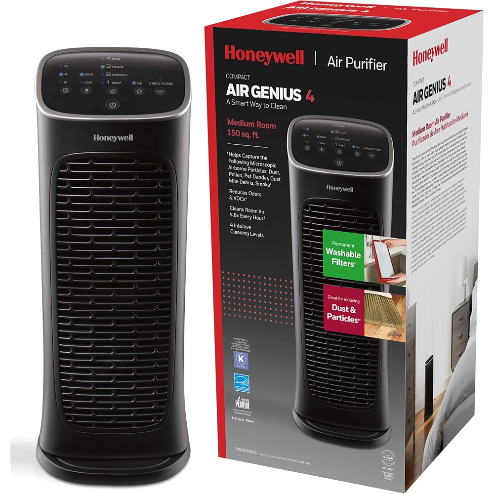 Honeywell HFD280 Compact Air Genius 4 Air Purifier with Permanent Washable Filter, Medium Rooms (150 sq. ft.), Black : Home & Kitchen