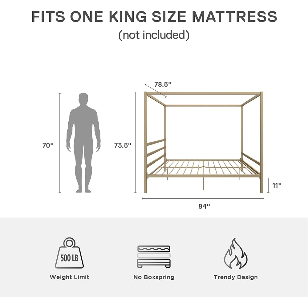 DHP Modern Metal Canopy Platform Bed with Minimalist Headboard and Four Poster Design, Underbed Storage Space, No Box Spring Needed, King, Gold : Home & Kitchen