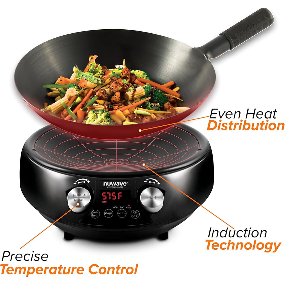 Nuwave Mosaic Induction Wok, Precise Temp Controls from 100°F to 575°F in 5°F, Wok Hei, Infuse Complex Charred Aroma & Flavor, 3 Watts 600,900 & 1500, Authentic 14-inch Carbon Steel Wok Included,Black: Home & Kitchen
