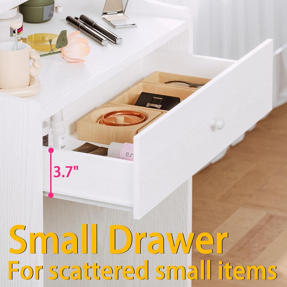 LIKIMIO Small Makeup Vanity Desk with Mirror and Lights, Vanity Table Set with Storage Drawer, Chair and Three Shelves, Bedroom, White : Home & Kitchen