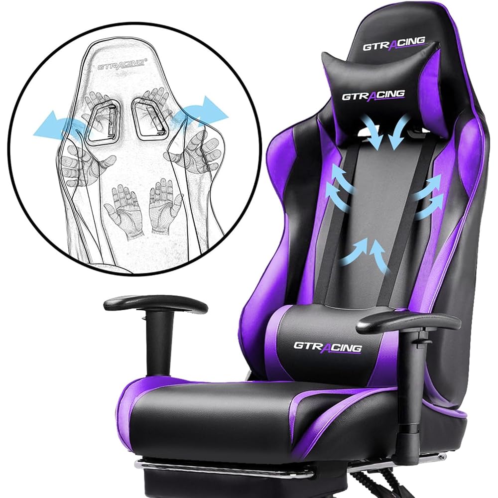 GTRACING Gaming Chair with Footrest, Ergonomic Computer Game Desk Chair, Reclining Gamer Chair Seat Height Adjustment, Swivel Rocker with Headrest and Lumbar, Purple : Home & Kitchen