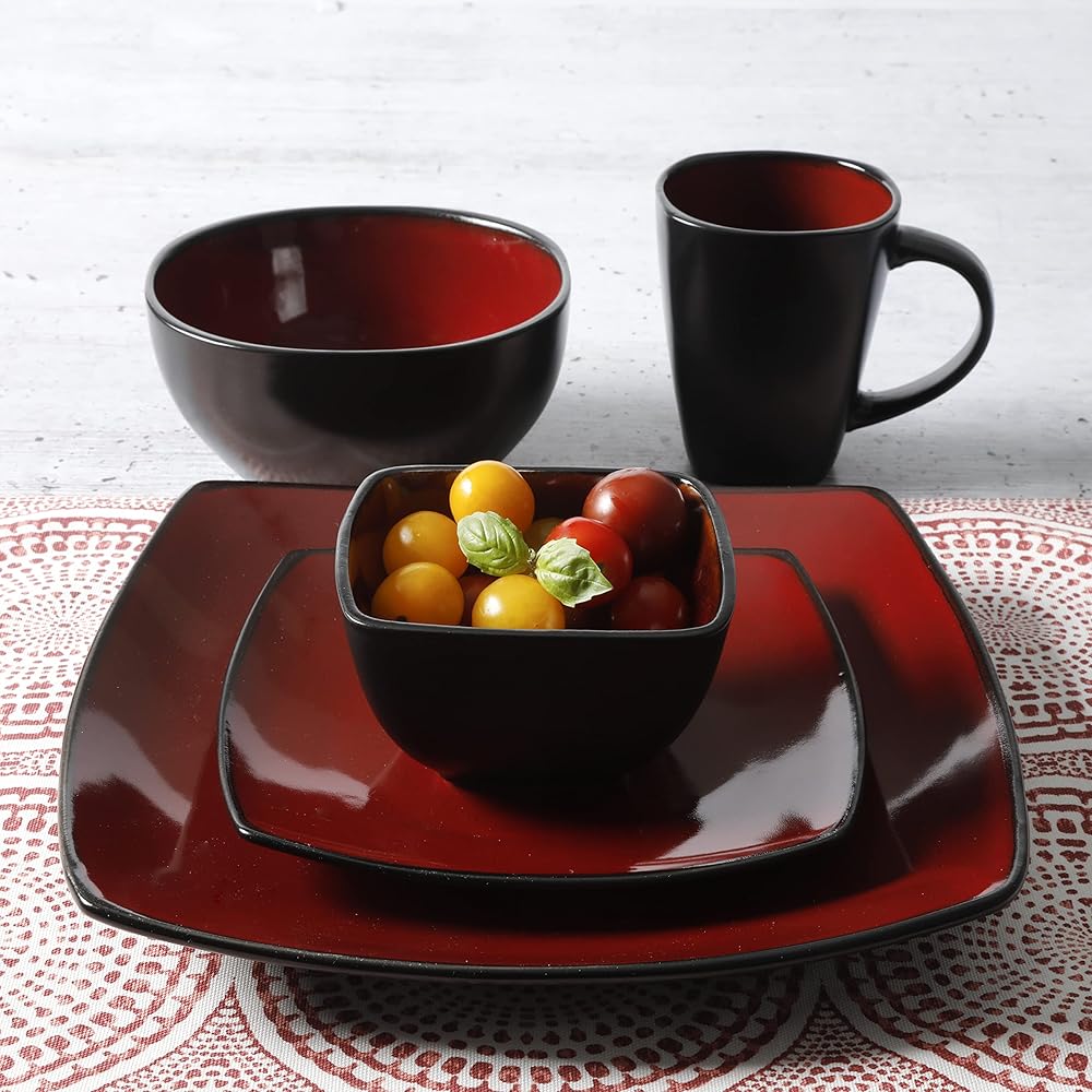 | Gibson Soho Lounge Square Reactive Glaze Stoneware Dinnerware Set, Service for 8 (40pc), Red/Black: Dinnerware Sets