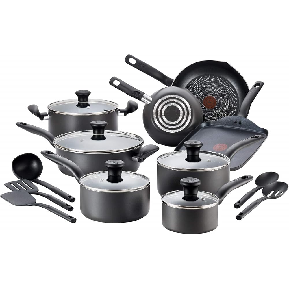 T-fal Initiatives Nonstick Cookware Set 18 Piece, Oven Broiler Safe 350F, Kitchen Cooking Set w/Fry Pans, Saucepans, Stockpots, Skillet, Spoons, Lids Pots and Pans Set Non Stick Dishwasher Safe Black: Home & Kitchen
