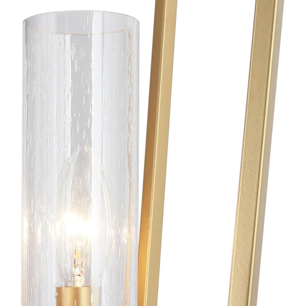 Gold Dining Room Chandelier with 4-Light Lantern Pendant Lights, Adjustable Height Modern Foyer Chandelier with Seeded Glass Shades -