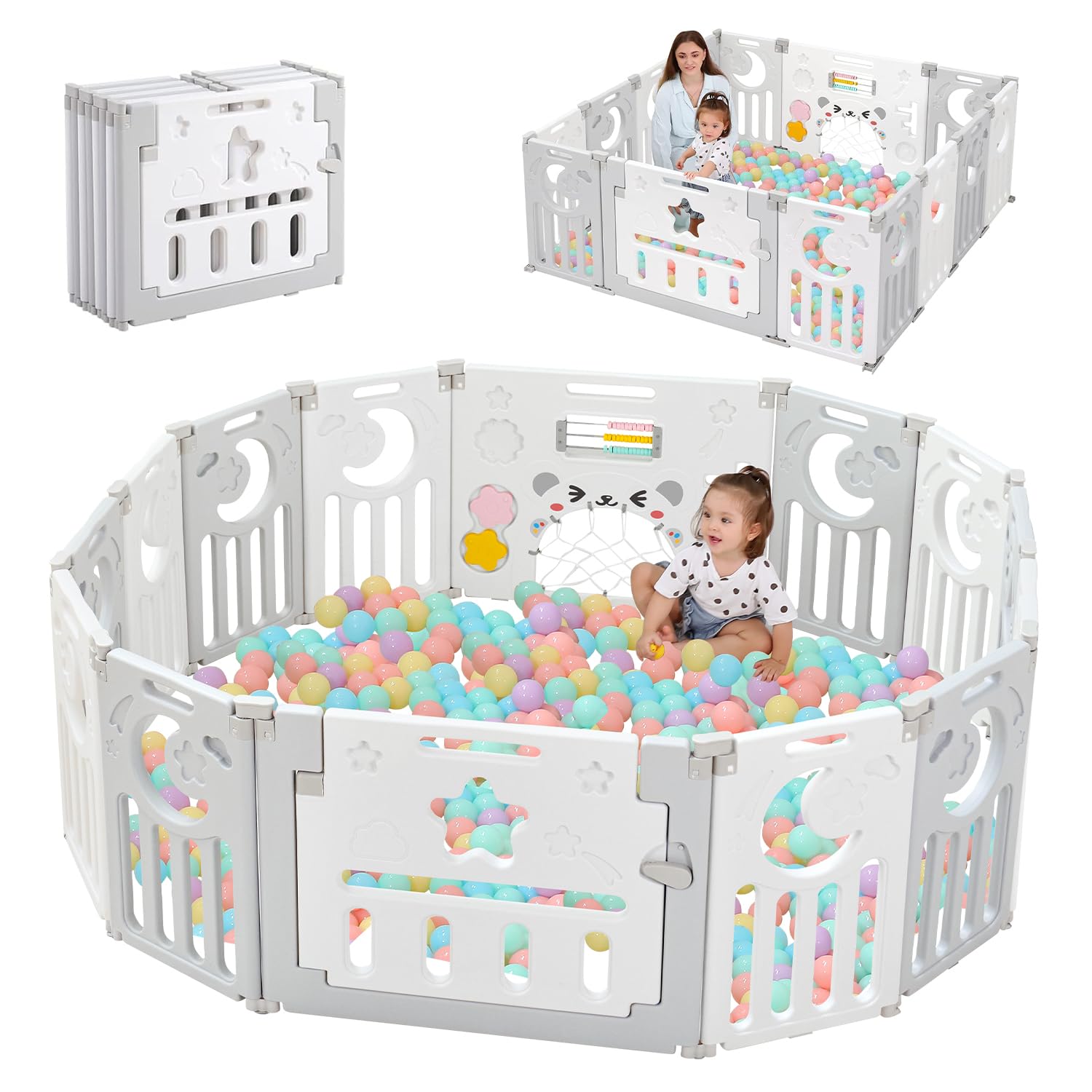 : Baby Playpen, Dripex Foldable Playpen for Babies and Toddlers, Custom Shape Baby Fence, Safety Play Yard with Gate, Portable Play Area for Indoor or Outdoor, Light Grey White,14 Panel : Baby