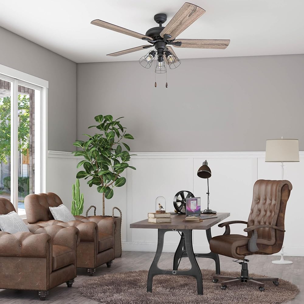 Prominence Home Lincoln Woods, 52 Inch Industrial Style LED Ceiling Fan with Light, Pull Chain, Three Mounting Options, 5 Dual Finish Blades, Reversible Motor - 50581-01 (Bronze) -