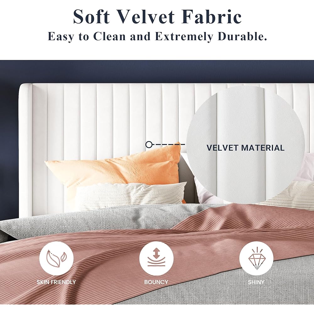 Allewie Full Size Velvet Bed Frame/Vertical Channel Tufted Wingback Headboard/Upholstered Platform Bed/Strong Wooden Slats/No Box Spring Needed/Easy Assembly/White : Home & Kitchen