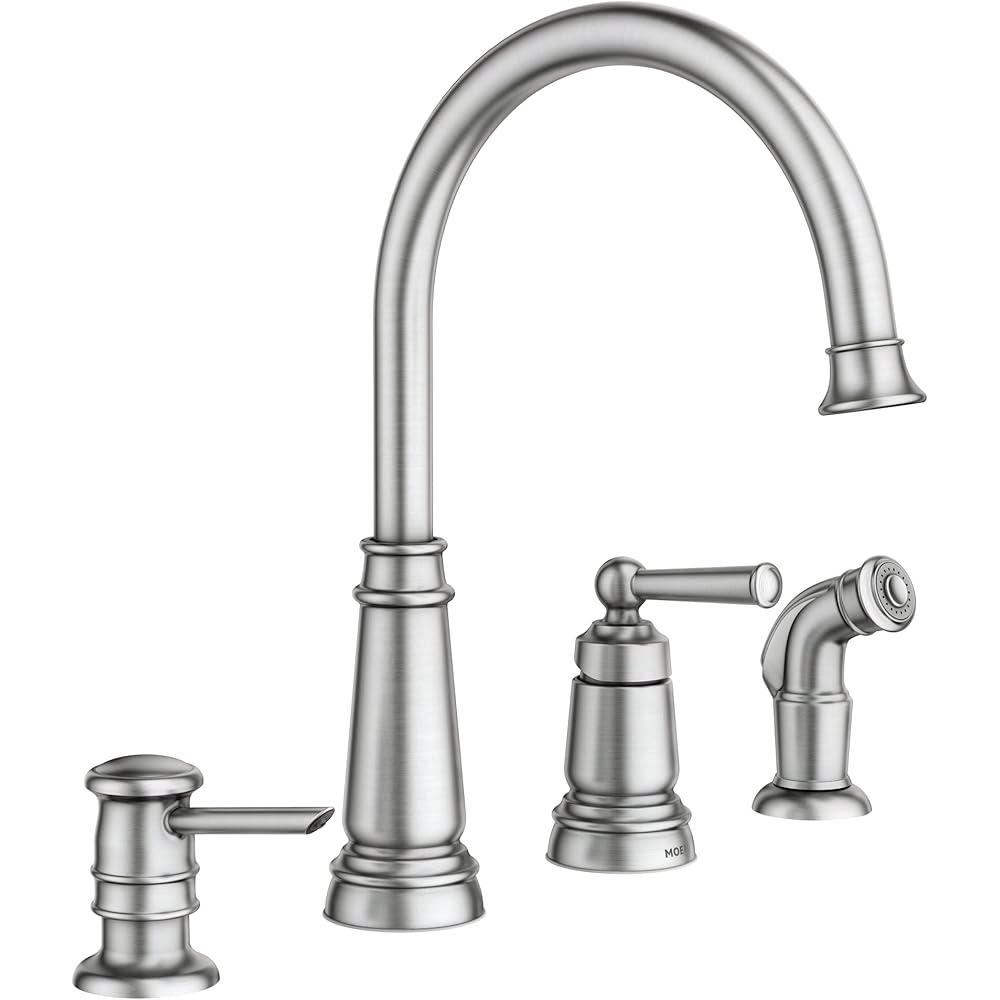 Moen 87042SRS Edison Spot Resist Stainless One-Handle High Arc 4-hole Kitchen Faucet with Side Sprayer and Soap Dispenser