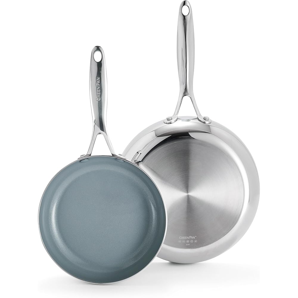 GreenPan Valencia Pro Tri-Ply Stainless Steel 8” and 10” Frying Pan Skillet Set, Healthy Ceramic Nonstick PFAS-Free PFOA-Free Coating, Multi Clad Cookware, Induction, Dishwasher Oven and Broiler Safe: Home & Kitchen