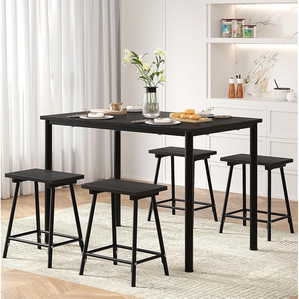 - VECELO Kitchen Table and Chairs for 4, Dining Room Set with Chairs/Stools, Heavy-Duty Metal Frame with Wooden Tabletop for Small Spaces, Easy Assembly, Elegant Black - Table & Chair Sets