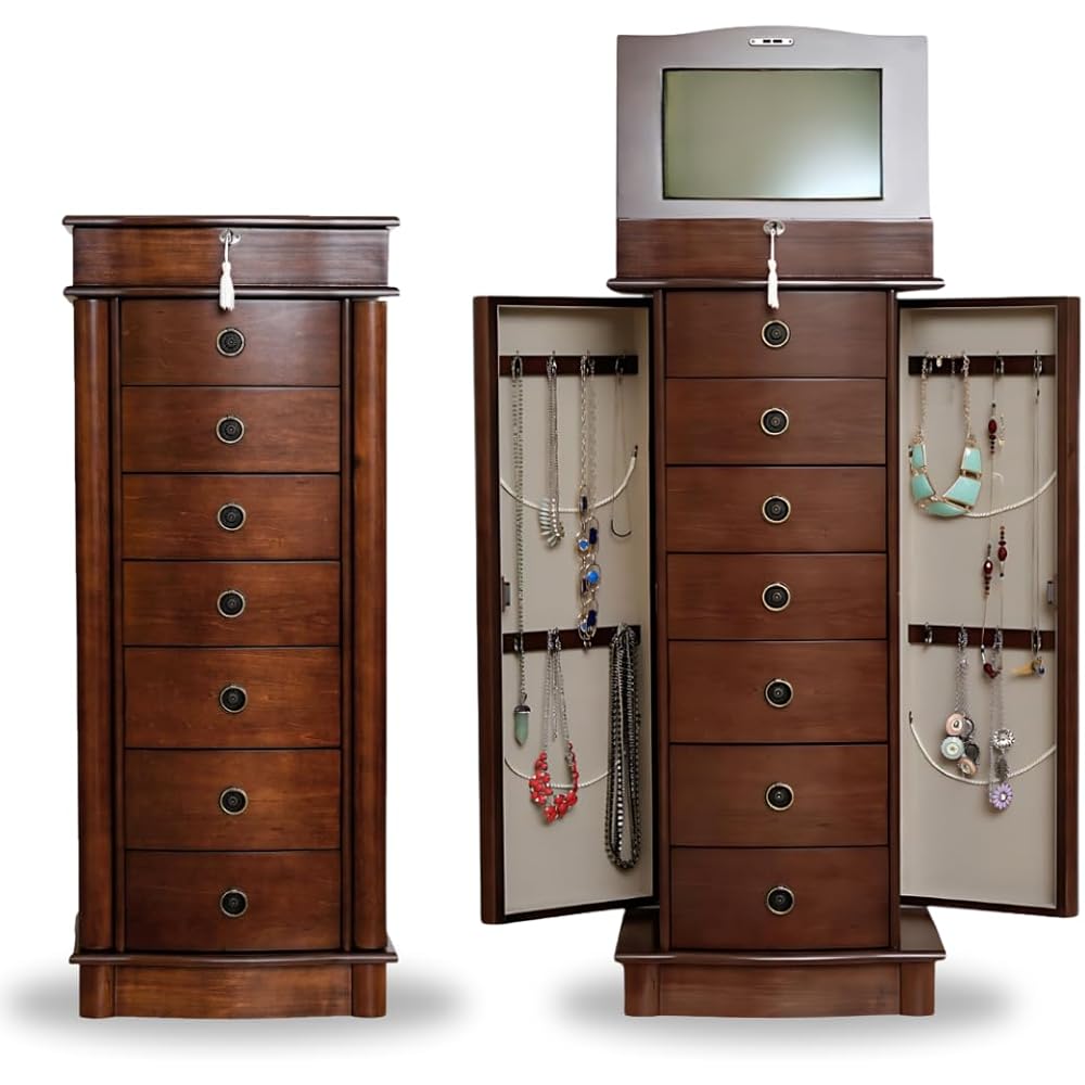 Hives and Honey Noel Standing Jewelry Armoire Cabinet, Locking Organizer with Flip Top Mirror, 2 Side Doors, 7 Drawers, Jewelry Chest for Necklaces, Earrings, Bracelets, Walnut : Clothing, Shoes & Jewelry