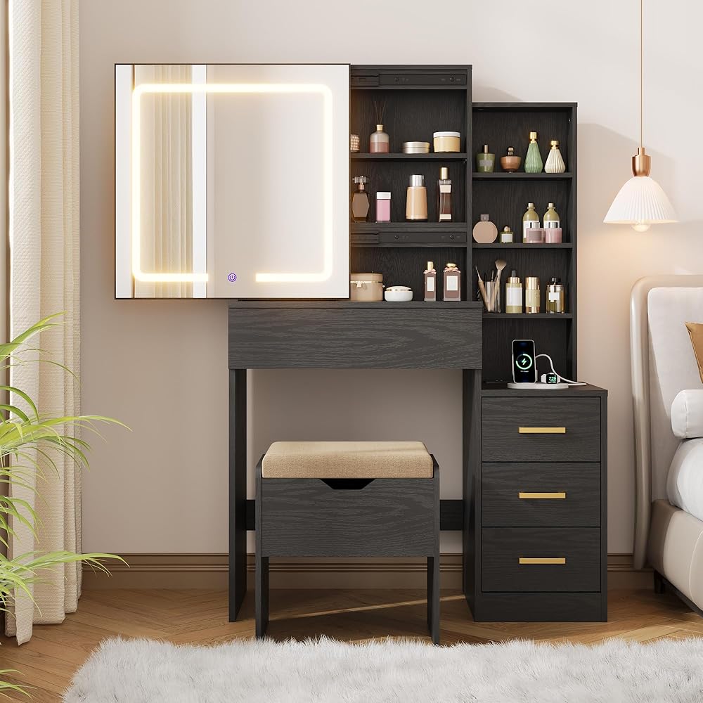 GarveeHome Makeup Vanity Desk with Sliding Mirror, Vanity Dressing Table with 3 Color Adjustable Lights, Girls Vanity Set with Stool, 4 Compact Vanity Drawers, Power Outlet, Black : Home & Kitchen