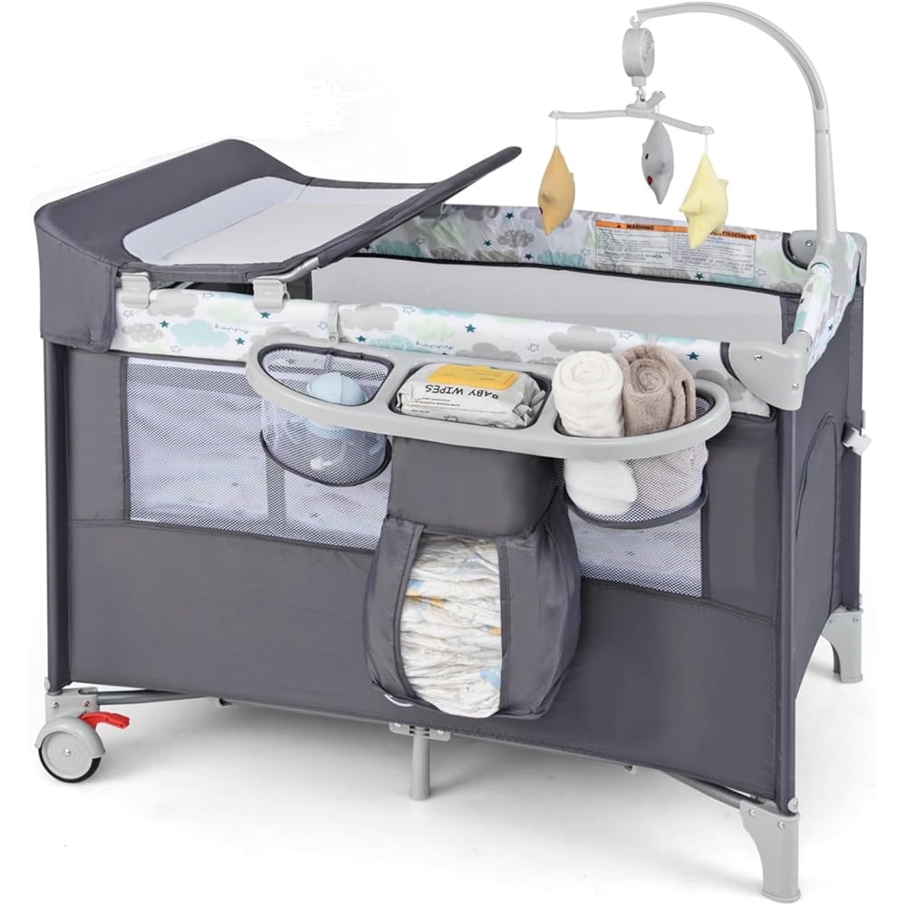 : BABY JOY 5-in-1 Pack and Play, Portable Baby Bedside Sleeper with Bassinet, U-Shaped Diaper Changer, Safety Strap, Side Zipper Entrance, Hangings, Bedside Crib Playard from Newborn to Toddlers (Gray) : Baby