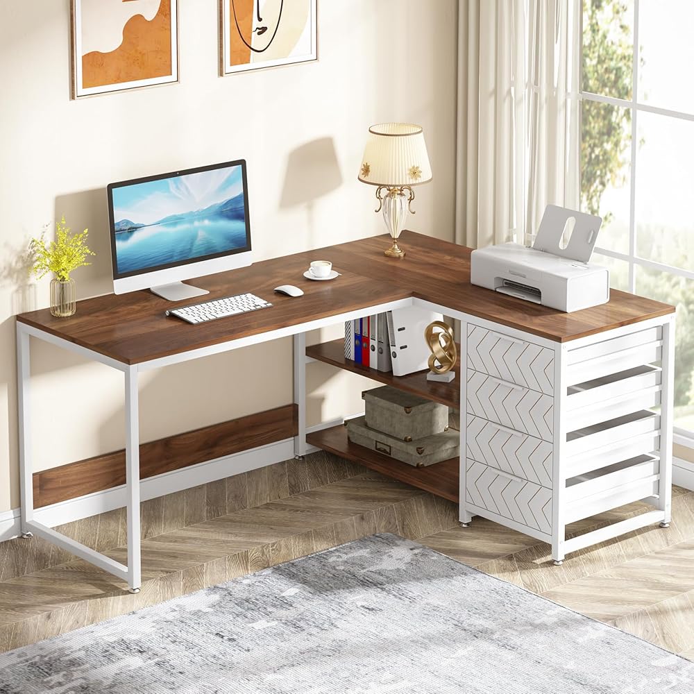 Tribesigns L Shaped Computer Desk with Storage Drawers, 59 inch Corner Desk with Shelves, Reversible L-Shaped Office Desk Study Writing Table Workstation for Home Office, Walnut & White : Home & Kitchen