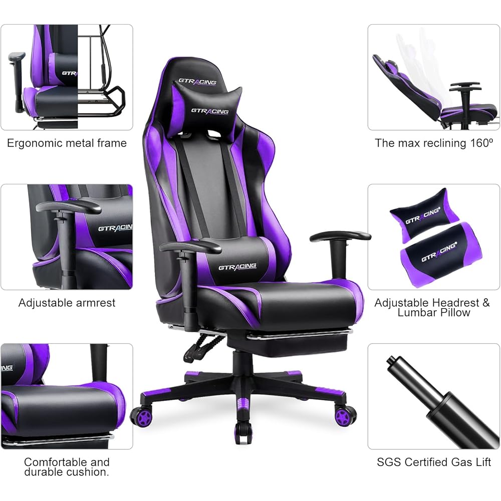 GTRACING Gaming Chair with Footrest, Ergonomic Computer Game Desk Chair, Reclining Gamer Chair Seat Height Adjustment, Swivel Rocker with Headrest and Lumbar, Purple : Home & Kitchen