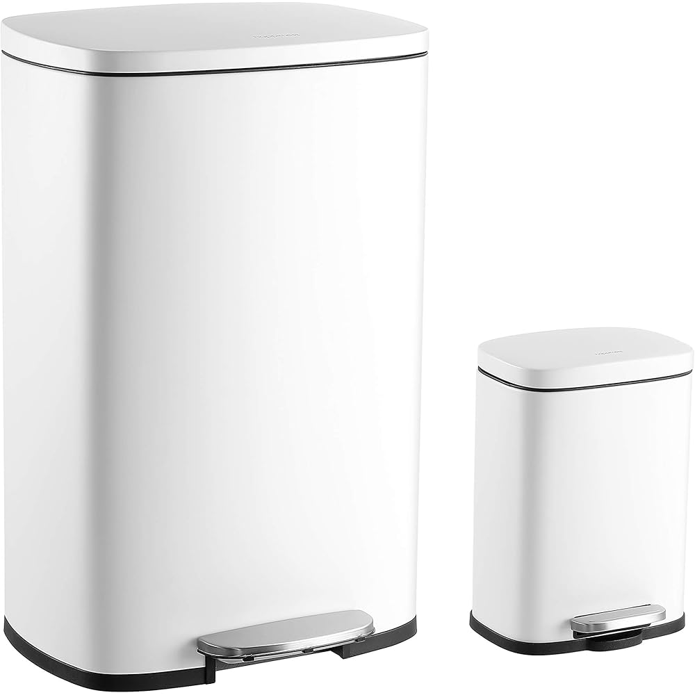 happimess HPM1006C Connor Rectangular Trash Can with Soft-Close Lid and Free Mini Trash Can, Modern Fingerprint Proof for Home, Kitchen, Office, Large:12.98 Gallon Small:1.3 Gallon, White : Home & Kitchen