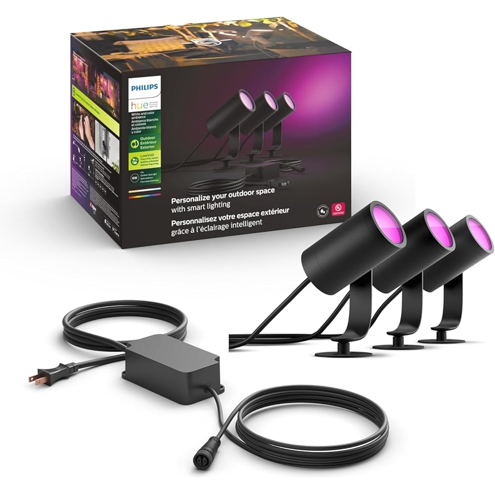 Philips Hue Lily Outdoor Smart Spot Light Base Kit - White and Color Ambiance LED Walkway Lights - Low Voltage Landscape Lighting - Requires Bridge - Control with App and Voice - Weatherproof - 3 Pack