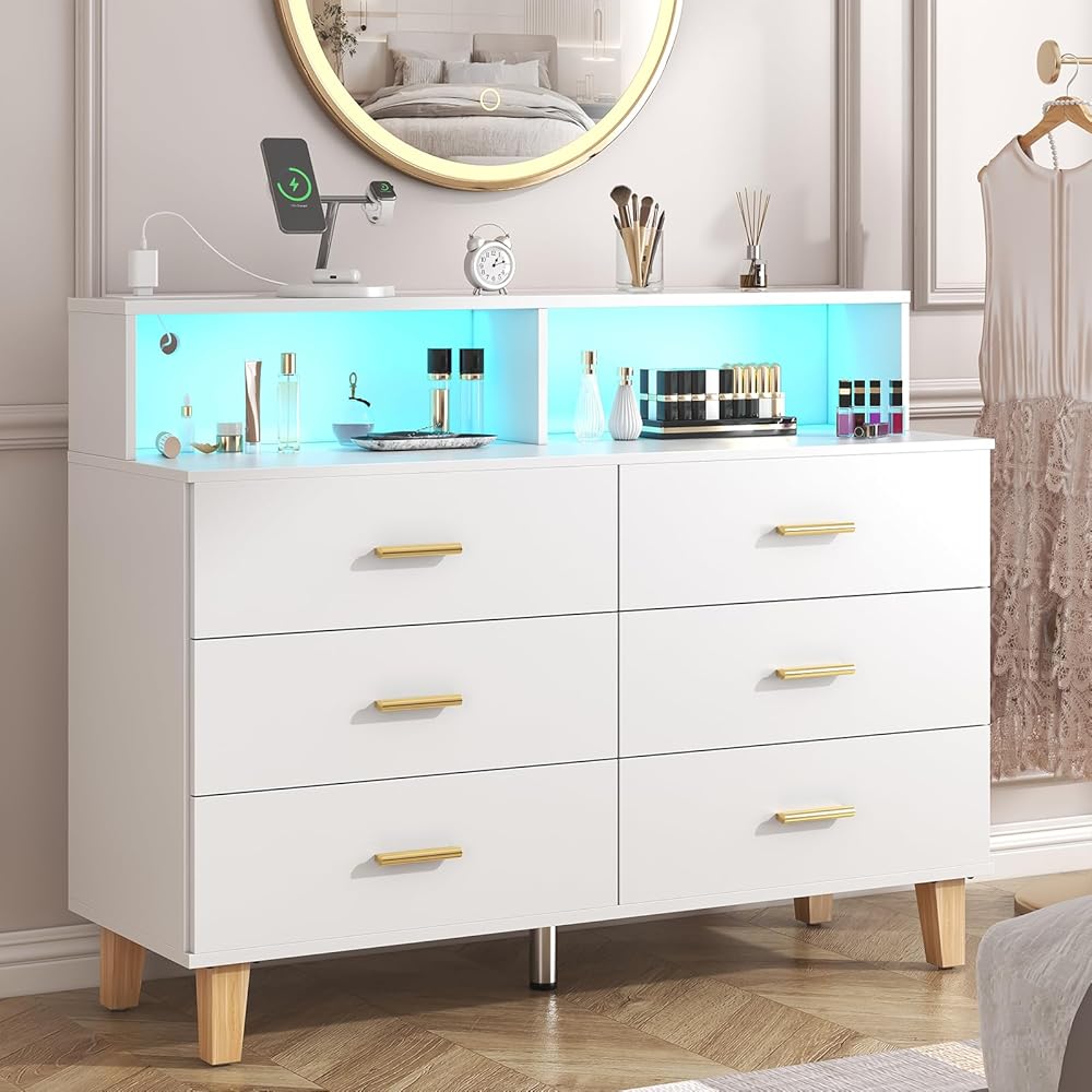 knoworld White 6 Drawer Dresser for Bedroom, Chest of Drawers with LED Light and Power Outlet, Tall Wide Dresser for Organizer Cabinet Bedroom,Living Room,Hallway, Entryway : Home & Kitchen