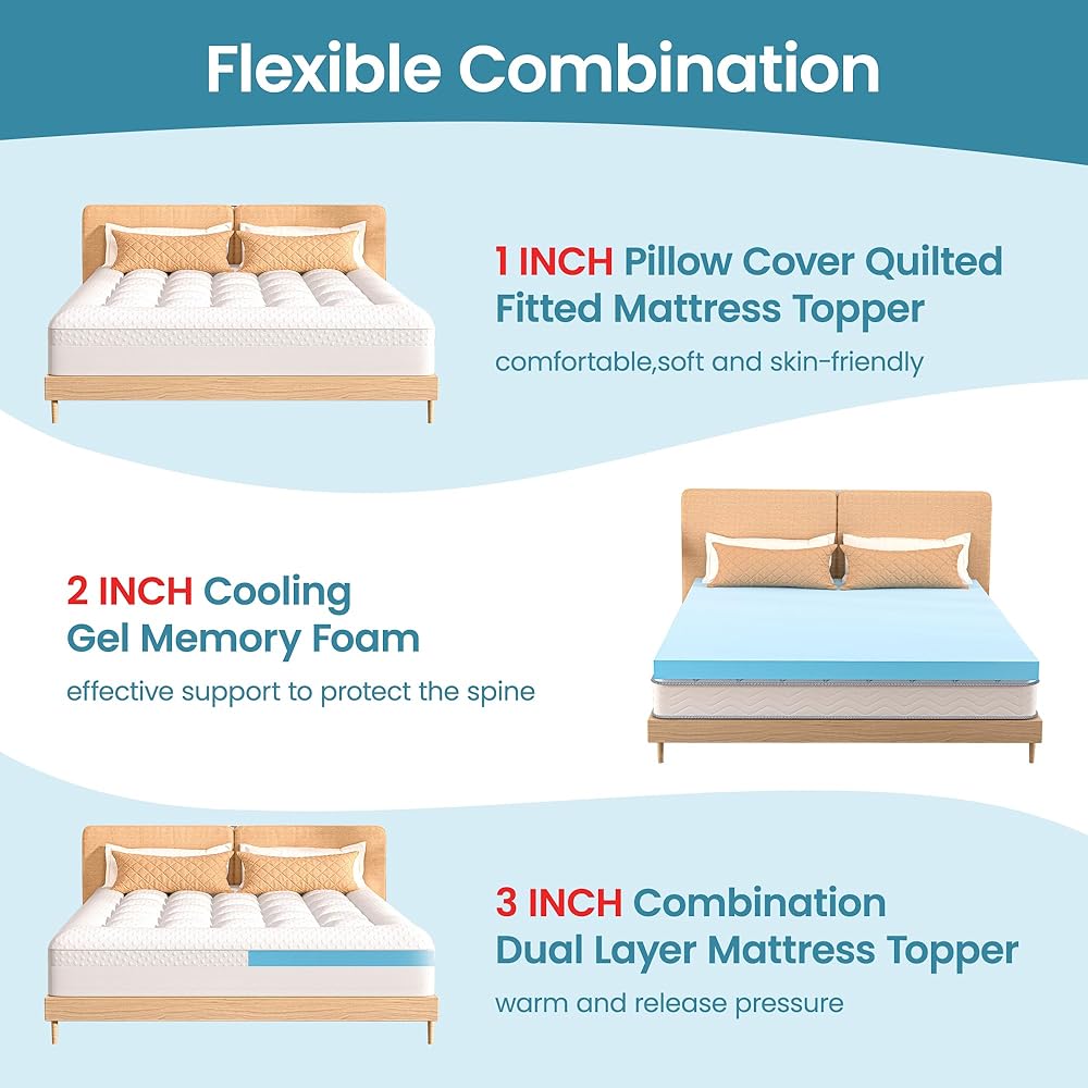 AprLeaf Pillow Top Mattress Topper Queen Size, 3 Inch Dual Layer Mattress Topper, 1 Inch Cooling Pillow Topper and 2 Inch Gel Memory Foam Mattress Topper for Back Pain : Home & Kitchen