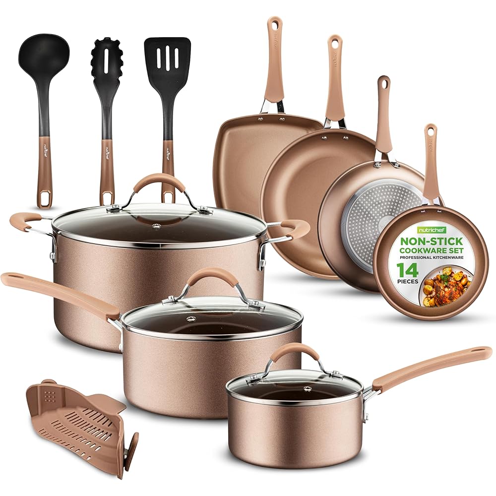 NutriChef 14-Piece Nonstick Cookware PFOA/PFOS-Free Heat Resistant Lacquer Kitchen Ware Set w/Saucepan, Frying Pans, Cooking, Dutch Oven Pot, Lids, Utensils, NCCW14S, Shiny Golden