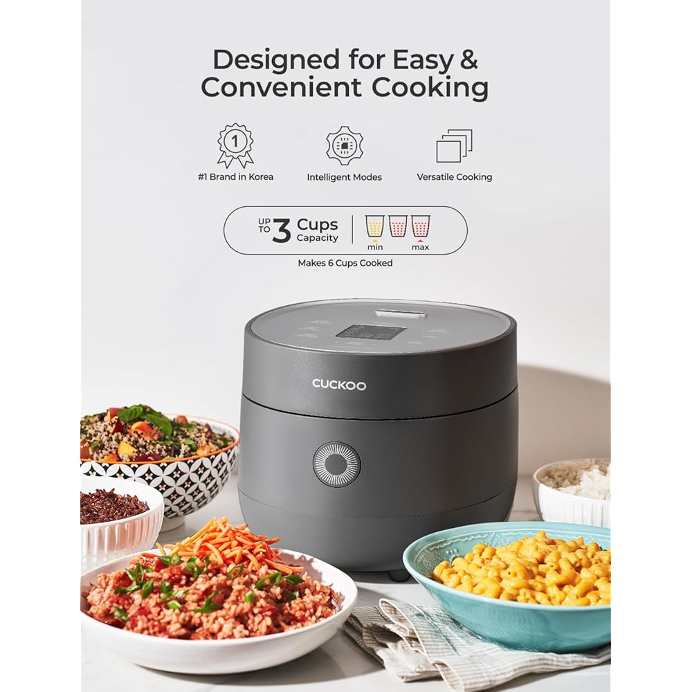 CUCKOO Rice Cooker 3 Cup Uncooked / 6 Cup Cooked, Modern Fuzzy Logic Rice Cooker Small with Delay Timer & Keep Warm Setting, Versatile Food Steamer for Cooking, Non-Stick Inner Pot, Gray (CR-0375FG): Home & Kitchen