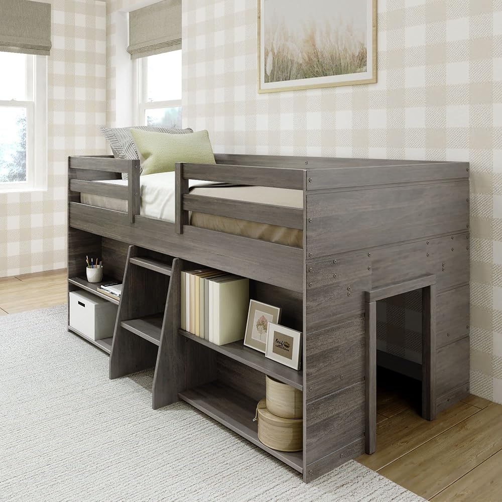 Max & Lily Modern Farmhouse Low Loft Bed, Twin Bed Frame for Kids with 2 Bookcases, Driftwood : Home & Kitchen