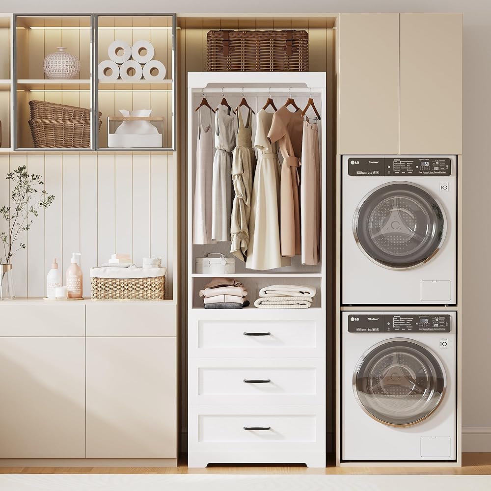 IRONCK Freestanding Closet System with 3 Wood Drawers, Modern Armoire Wardrobe with Adjustable Shelves & Hanging Rod, Walk-in Closet Systems Organizer for Small Closet, White : Home & Kitchen