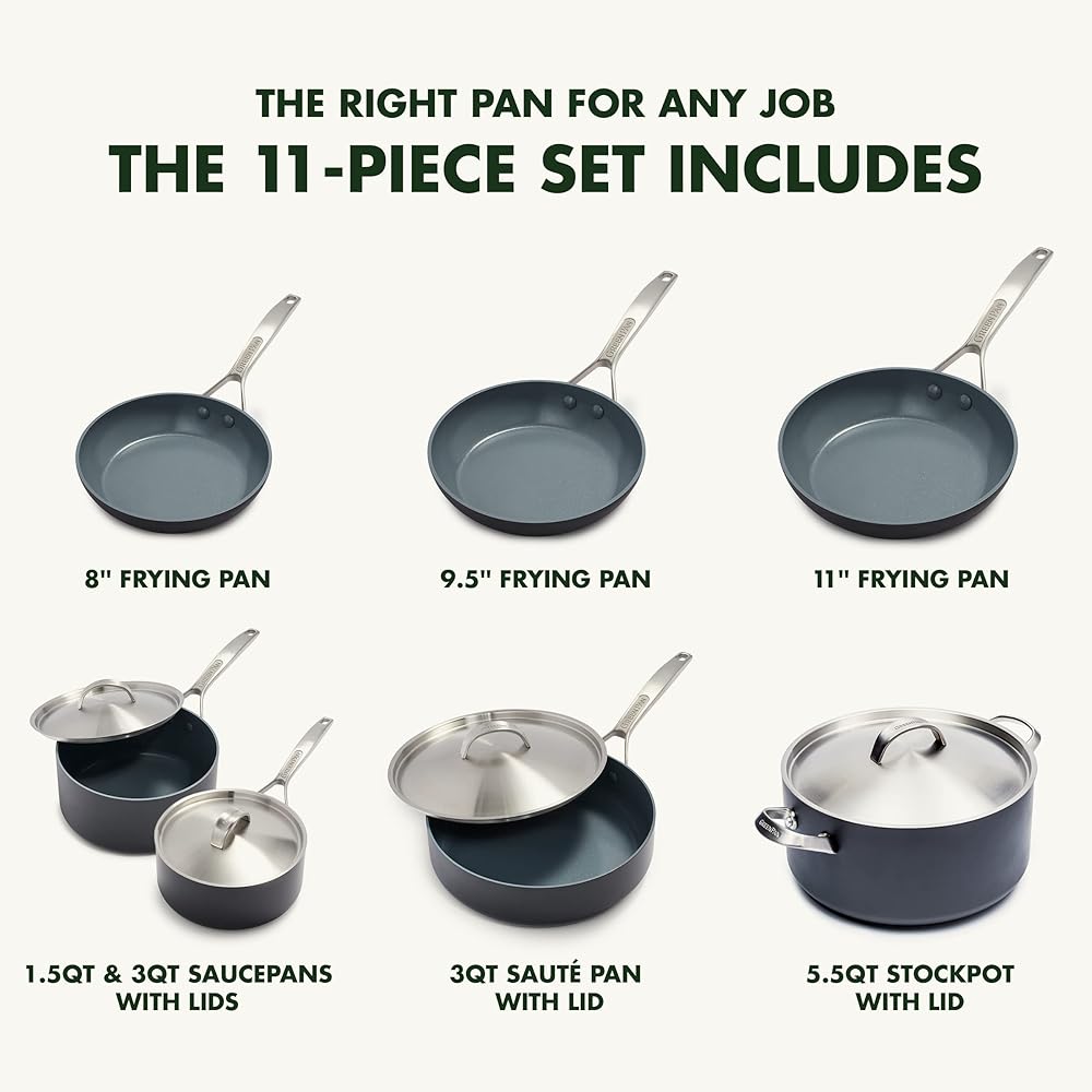 GreenPan Paris Pro Hard Anodized Healthy Ceramic Nonstick, 11 Piece Cookware Pots and Pans Set with Stainless Steel Lids, PFAS-Free, Dishwasher Safe, Grey: Home & Kitchen