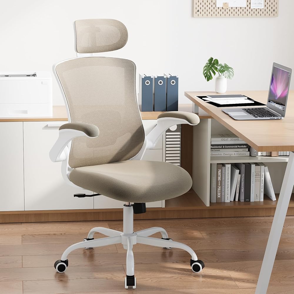 High Back Office Chair with Adjustable Lumbar Support & Headrest, Ergonomic Mesh Desk Chair with Flip-Up Armrests, Breathable & Comfortable Computer Chair for Home, Office & Study, Khaki : Home & Kitchen
