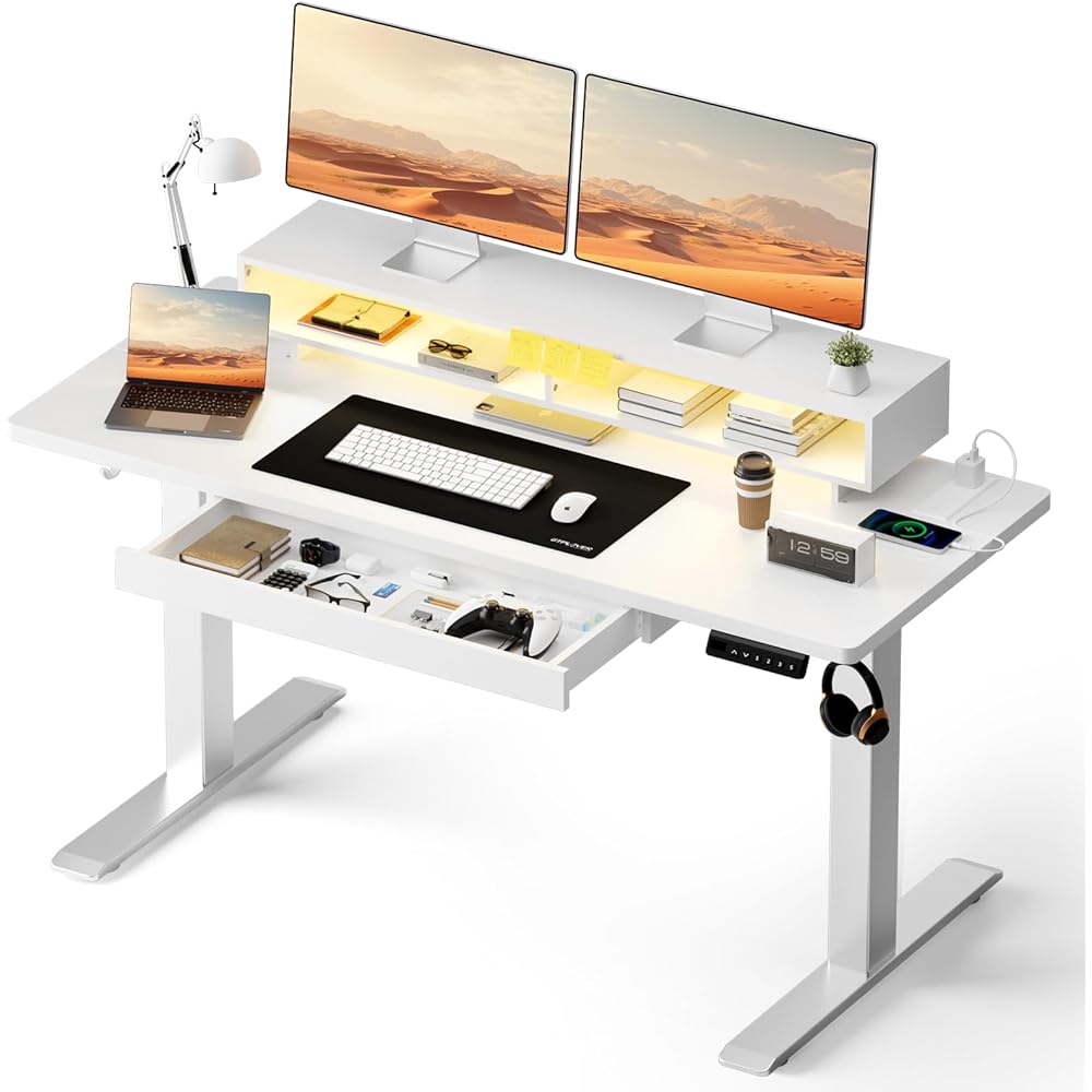 GTPLAYER Electric Standing Desk with Drawers, 48 x 24 Inch Height Adjustable Gaming Desk with Monitor Stand, Power Outlets & LED Lights, Home Office Sit Stand Up Desk with Memory Preset Controller : Home & Kitchen