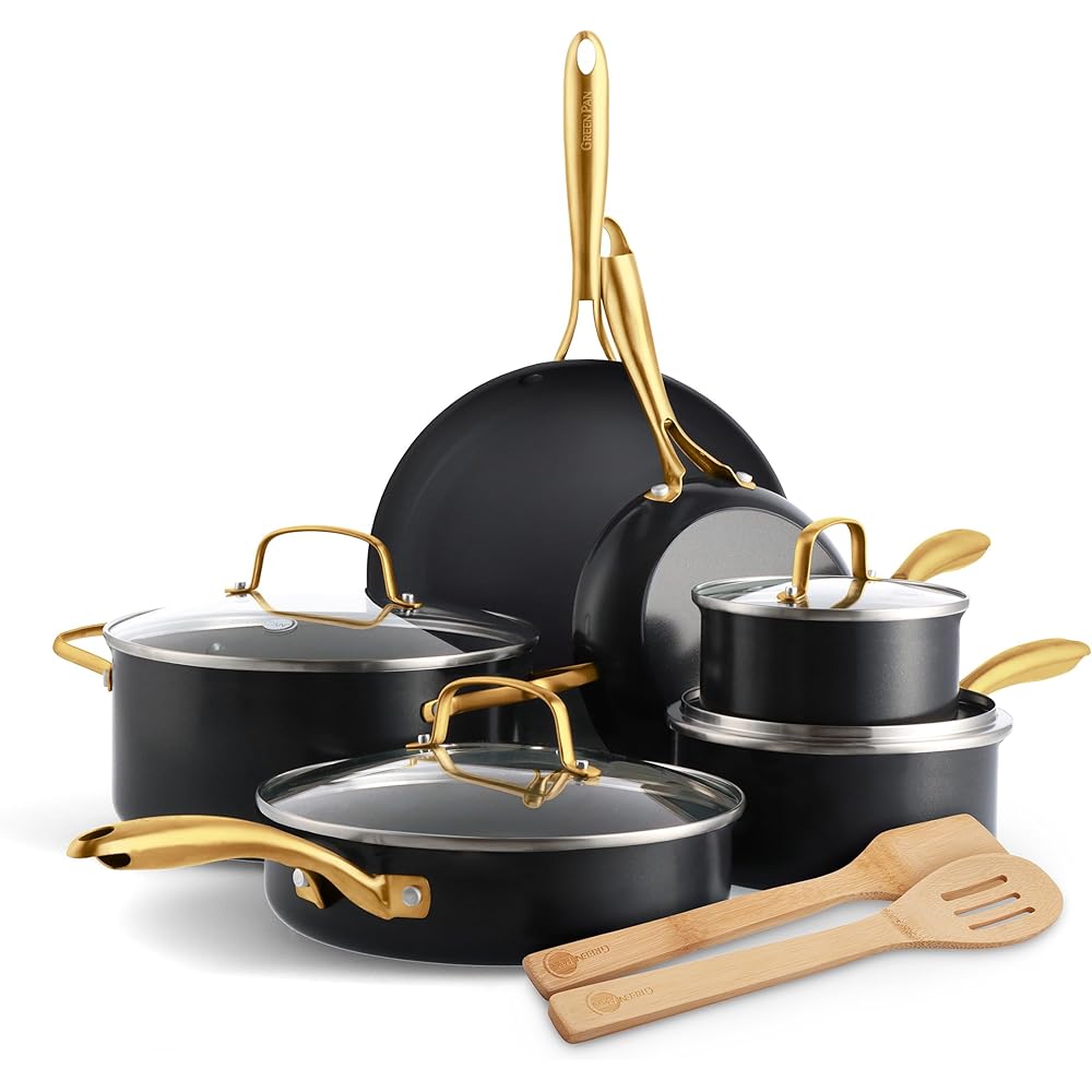 GreenPan 12 Piece Nonstick Swift Cookware Set, Ceramic PFAS-Free Pots & Pans with Lids, Dishwasher & Oven/Broiler Safe to 600F, Kitchen Cooking Set, Sauce, Saute, Stock, Frying Pans, Black/Gold: Home & Kitchen