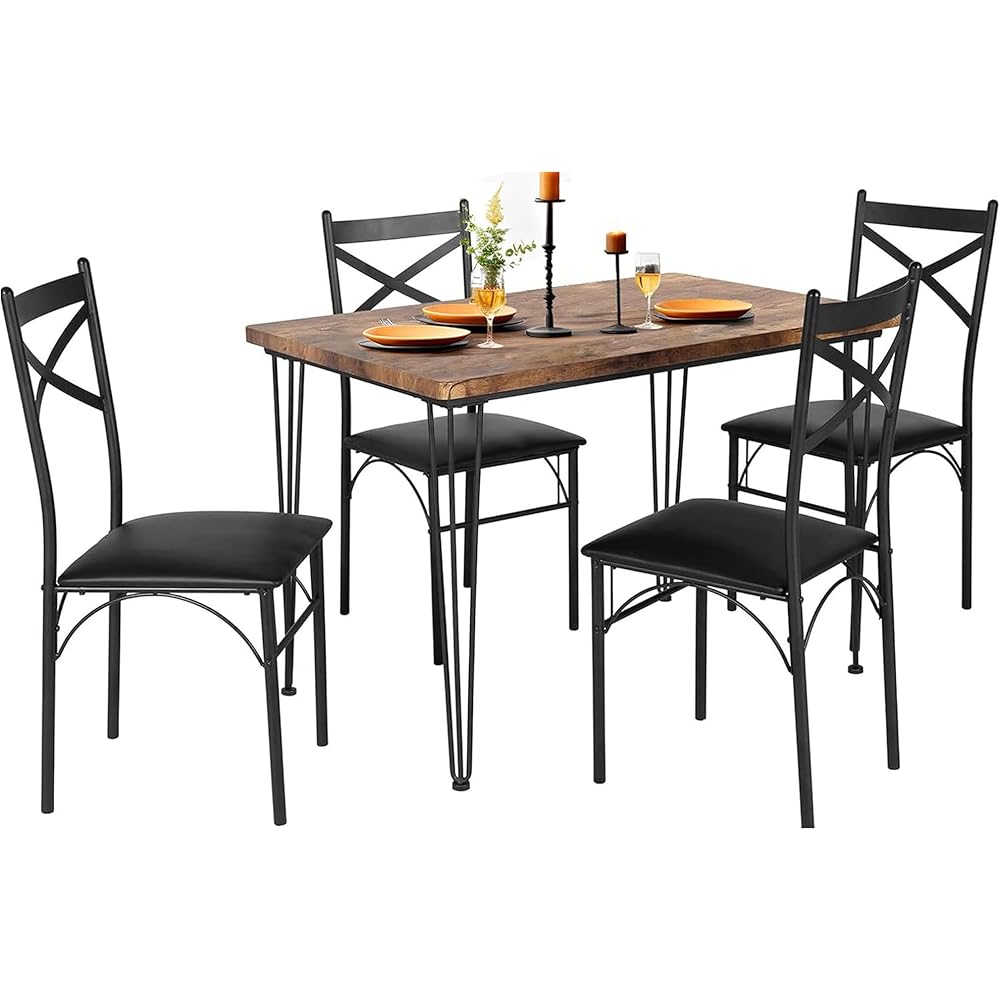 - VECELO 5-Piece Dining Table Set for Home Kitchen Small Space Breakfast Nook, 4 Faux Leather Metal Frame Chairs, Retro Brown - Table & Chair Sets